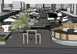 新中式风格两层旅游商业街建筑设计SU(草图大师)模型