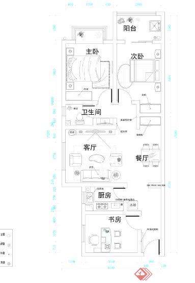 现代某两室一厅住宅户型贴图设计JPG文本(2)