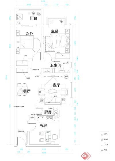 现代某两室一厅住宅户型贴图设计JPG文本(1)