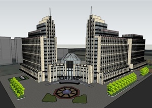 某新古典风格都市双子酒店建筑设计SU(草图大师)模型