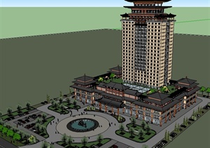某中式风格酒店建筑景观设计SU(草图大师)模型