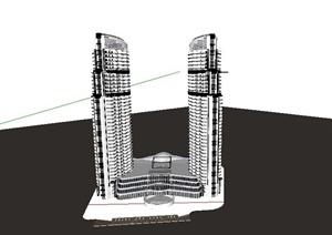 现代U型高层双塔办公楼建筑设计SU(草图大师)模型