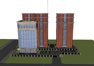 现代三栋高层办公楼建筑设计SU(草图大师)模型