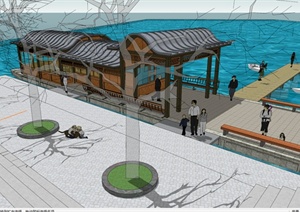 某中式风格旅游景区游船码头景观设计SU(草图大师)模型