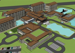某现代酒店景观规划设计SU(草图大师)模型素材（含建筑）