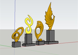 现代带基座四个金色雕塑设计SU(草图大师)模型