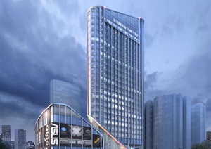 现代临街高层商业综合建筑远景效果图（PSD格式）