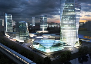 某现代高层办公建筑设计夜景效果图（PSD格式）