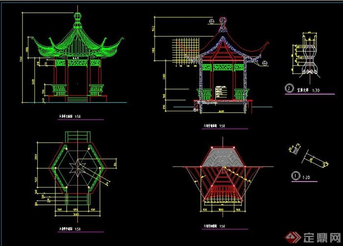 古典中式双亭和六角亭设计CAD图(3)