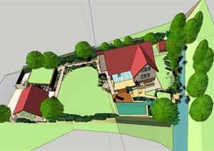 某两层现代住宅建筑庭院景观设计SU(草图大师)模型