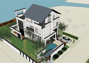 新中式别墅建筑设计SU(草图大师)模型（带庭院）