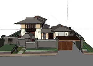 某新中式多层带地下室别墅建筑设计SU(草图大师)模型