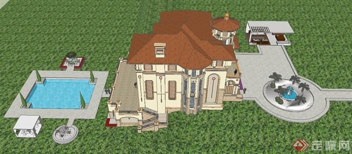 西班牙别墅建筑设计SU模型(1)