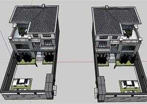 带庭院中式别墅建筑设计SU(草图大师)模型