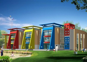 某现代风格幼儿园建筑设计图纸（含效果图）