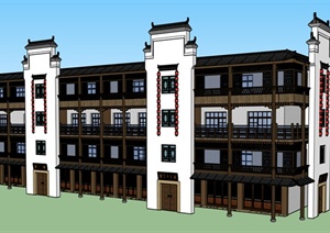 某现代中式风格三层茶馆建筑设计SU(草图大师)模型