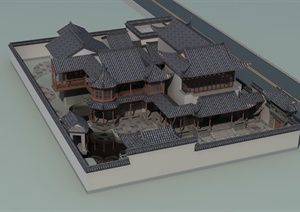 一栋中式庭院建筑设计3dmax模型（带效果图）