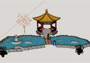 某古典中式景观节点亭子和水景组合设计SU(草图大师)模型
