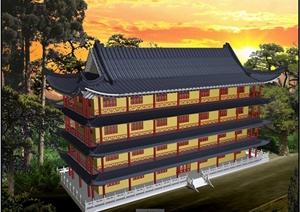 中式风格四层阁楼建筑设计效果图