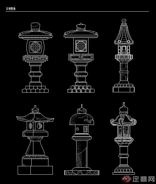 各式古典中式亭、石钟、栏杆、铁花图块设计CAD图(1)