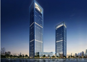 现代风格高层双栋办公大楼建筑设计SU(草图大师)模型