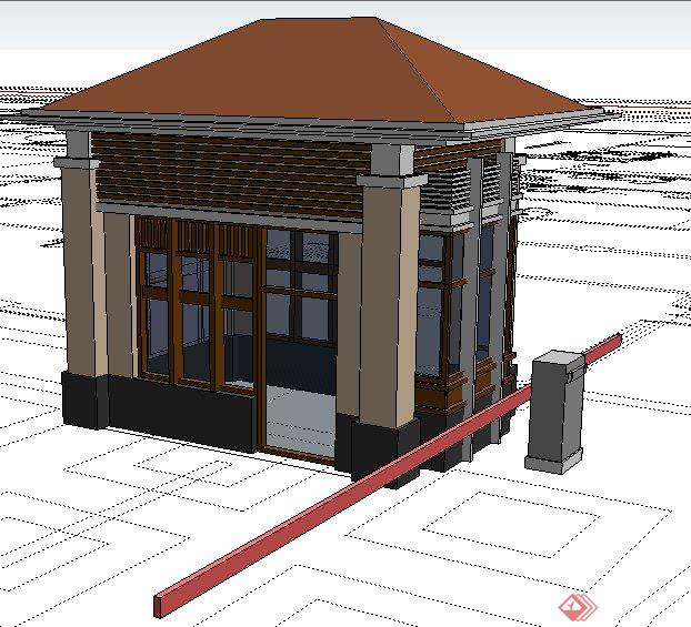 现代风格门卫室、保安室建筑设计su模型(2)