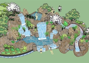 园林景观瀑布假山景观SU(草图大师)模型