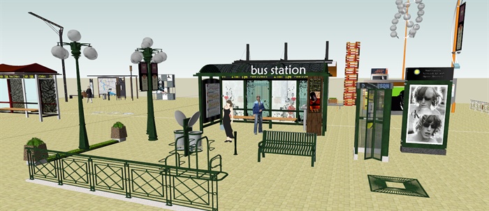 公交站台、售卖亭、垃圾桶、景观灯等su模型素材