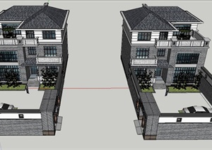 两栋新中式三层民居建筑设计SU(草图大师)模型
