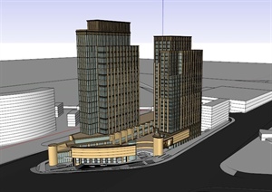 某两栋联接商务酒店建筑设计SU(草图大师)模型