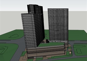 某现代商业综合体建筑+底层现代中式办公建筑设计SU(草图大师)模型