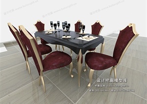 欧式长方形六人餐桌3dmax模型