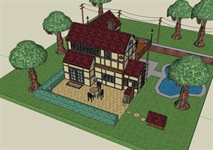 某带露台和后院小型别墅建筑设计SU(草图大师)模型