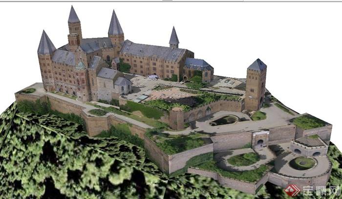 英式风格山地城堡建筑设计SU模型(1)