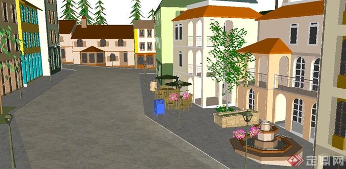 欧式风格小镇一角商住建筑设计SU模型(3)