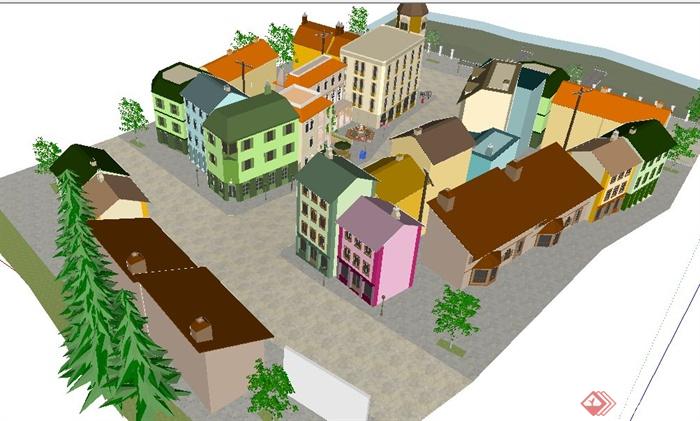 欧式风格小镇一角商住建筑设计SU模型(4)