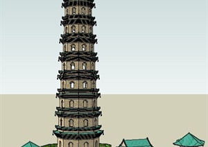 中式亭廊以及塔楼SU(草图大师)模型
