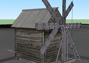 某木制小屋及风车SU(草图大师)模型