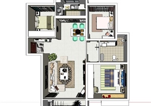 某现代简约风格三室一厅住宅空间家装设计SU(草图大师)模型