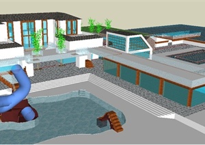 现代中式度假别墅建筑设计SU(草图大师)模型