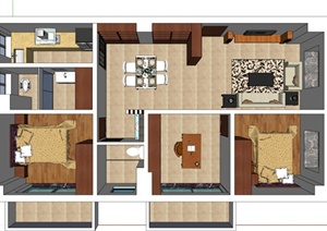 某两室两厅住宅空间家装设计SU(草图大师)模型