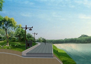 现代滨水道路绿化景观效果图psd格式