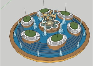 一个台阶式喷泉水池设计SU(草图大师)模型