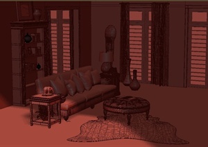 美式客厅沙发书架组合设计3DMAX模型
