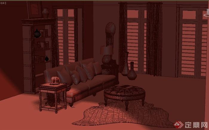 美式客厅沙发书架组合设计3DMAX模型(1)