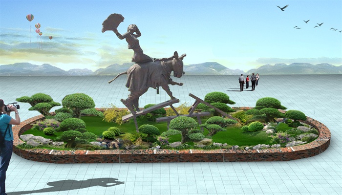 三款雕塑水景、雕塑花池效果图psd格式