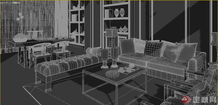 中式客厅沙发茶几书桌椅组合3dmax模型(1)