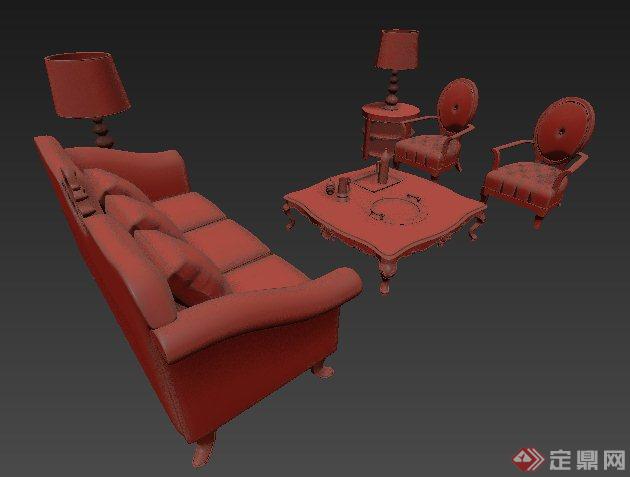 室内欧式风格沙发茶几组合3dmax模型(1)