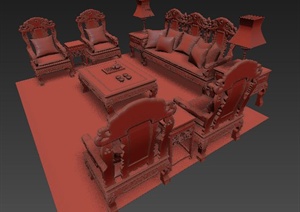 室内古典中式风格沙发茶几3dmax模型