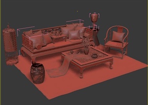 古典中式风格室内沙发茶几组合3dmax模型